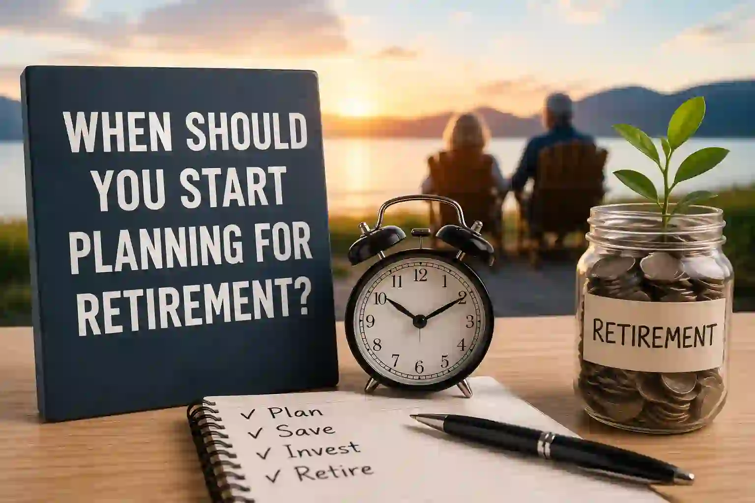 Retirement planning concept with clock, savings jar, checklist, and couple looking toward the future